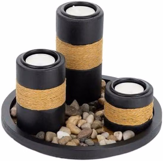 Set di piattini neri con vassoio e pietre decorative