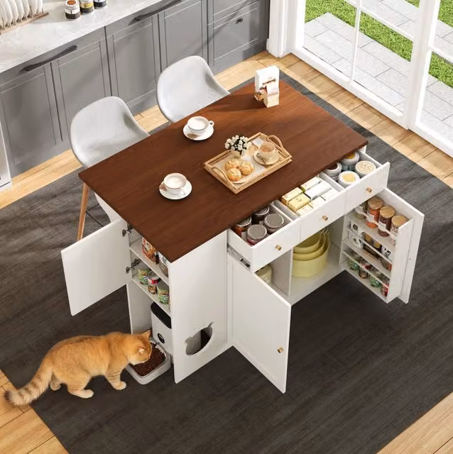Mobile da cucina con piano estraibile 120x40/70x90 cm; 3 cassetti; MDF bianco e noce