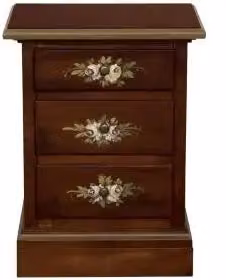 Comodino KIVIO in legno stile arte povera con 3 cassetti, decorazione floreale fatta a mano con dettagli oro, colore noce scuro – 1