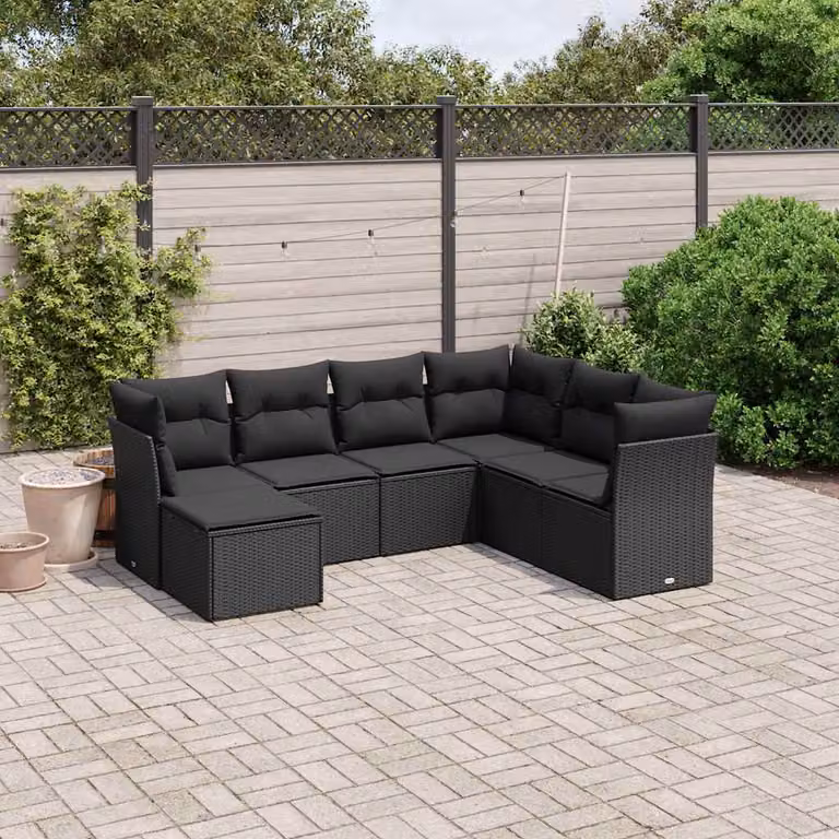vidaXL Set Divani da Giardino a L con Cuscini 7pz Nero in Polyrattan e Acciaio