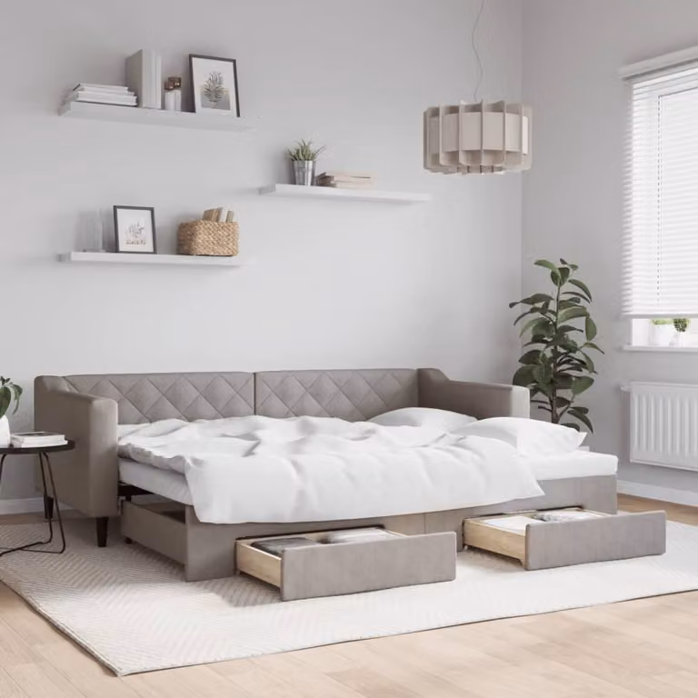 vidaXL Divano Letto Estraibile con Cassetti in Tessuto, Colore Tortora, L/P/H: 200 x 80 x 67 cm