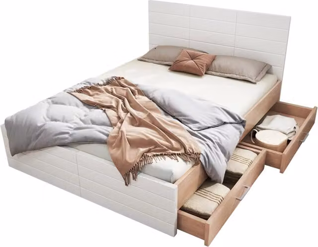 Letto matrimoniale moderno con 2 cassetti e materasso incluso in legno bianco e quercia L/P/H: 140 x 200 x 145 cm