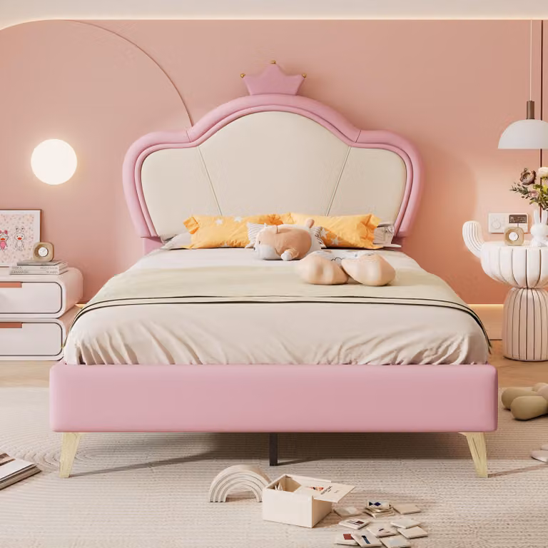 Letto imbottito 90x200cm, letto per bambini, con bordi protettivi morbidi, testata con , gambe del letto in metallo, letto singolo, PU, rosa+bianco