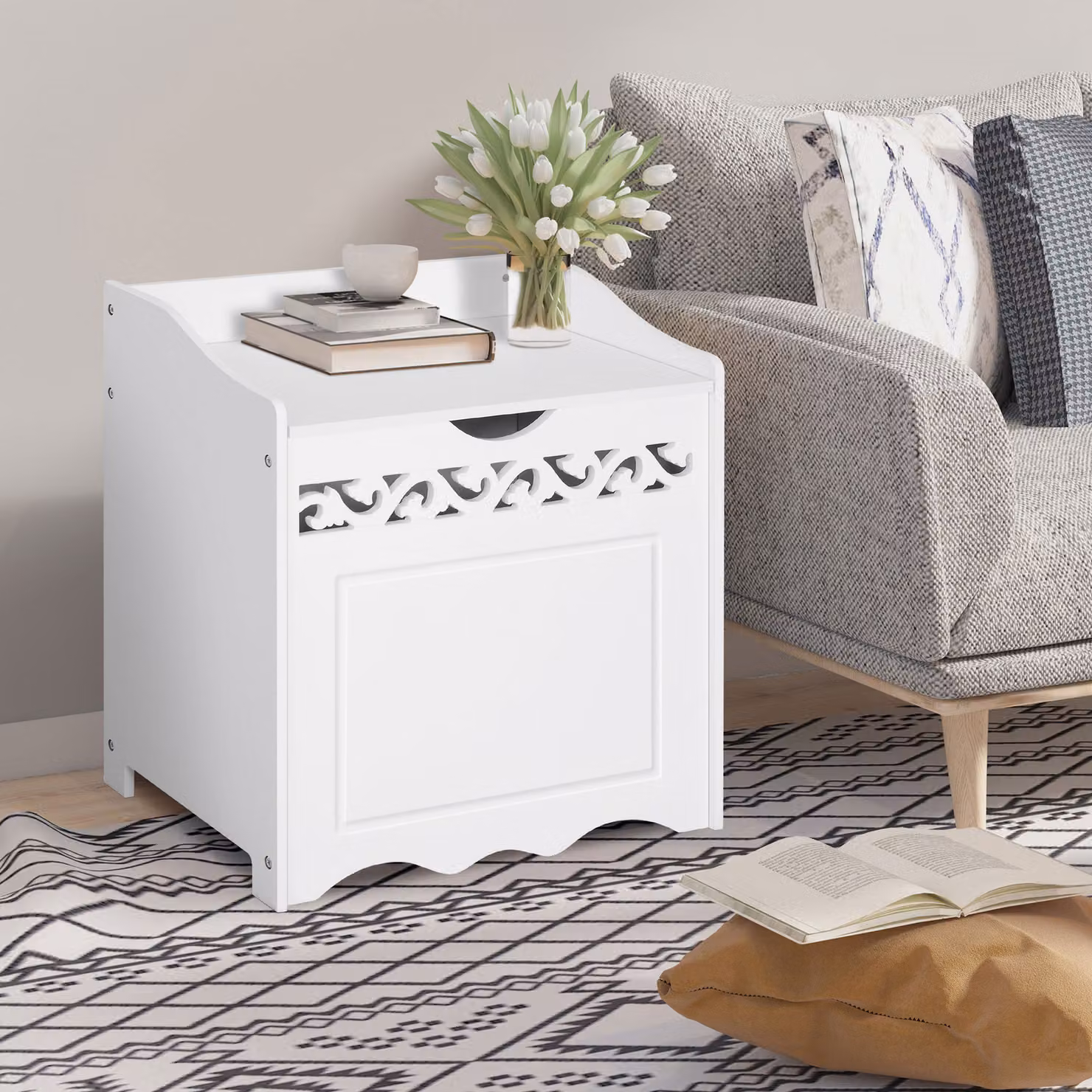 Mobiletto Portabiancheria Homcom in Legno Bianco con Decoro Intagliato L: 55 cm, P: 34 cm, H: 58 cm – 2