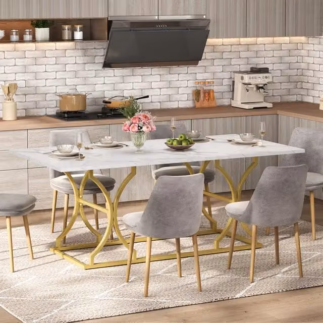 Tavolo da pranzo per 8–10 persone con piano effetto marmo in MDF da 2.5 cm gambe dorate 200 × 80 × 76 cm