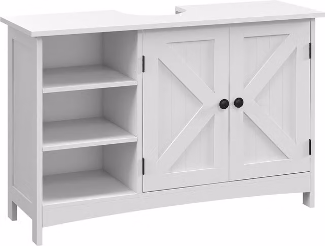 Mobile Sotto Lavabo da Bagno kleankin in Legno Bianco con 2 Ante e 3 Ripiani Aperti L: 90 cm, P: 30 cm, H: 60 cm