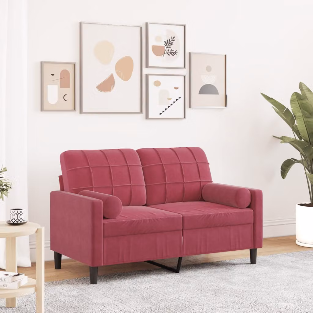 vidaXL Divano a 2 Posti Moderno in Velluto Rosso con Cuscini e Coperture Rimovibili L: 137 cm, P: 80 cm, H: 77 cm – 1