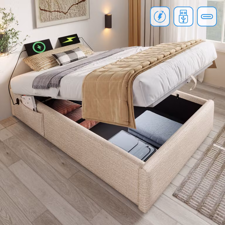 Letto imbottito Flieks 90x190cm senza testata, letto singolo per ragazzi con USB e Type-C, letto idraulico a molle con contenitore, cotone, beige