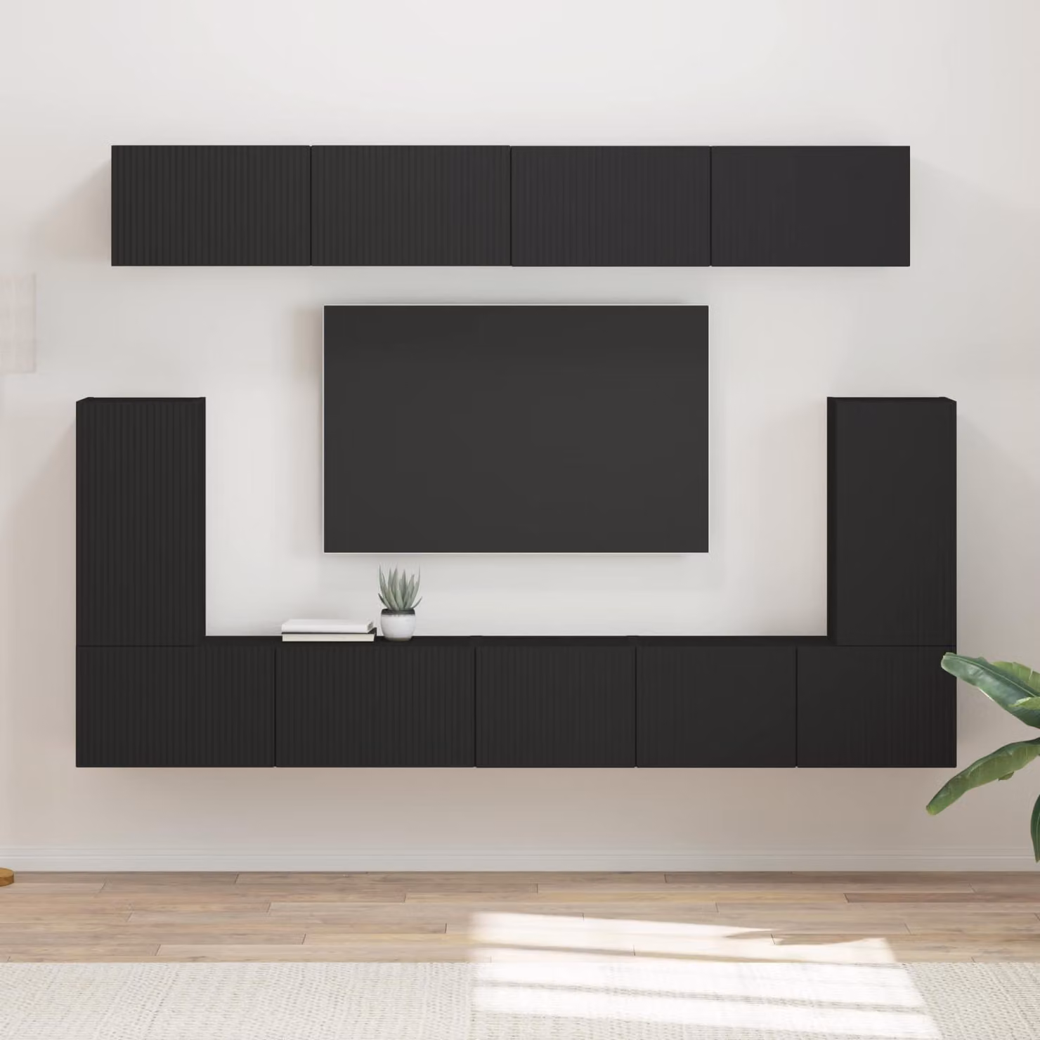 Set mobile TV moderno vidaXL in legno ingegnerizzato nero opaco con 5 scomparti per media e montaggio a parete