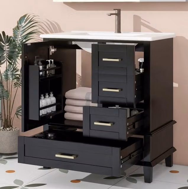 Mobile bagno moderno nero in legno e MDF con ante a battente e ripiani interni L: 76 cm, P: 45,5 cm, H: 83,5 cm