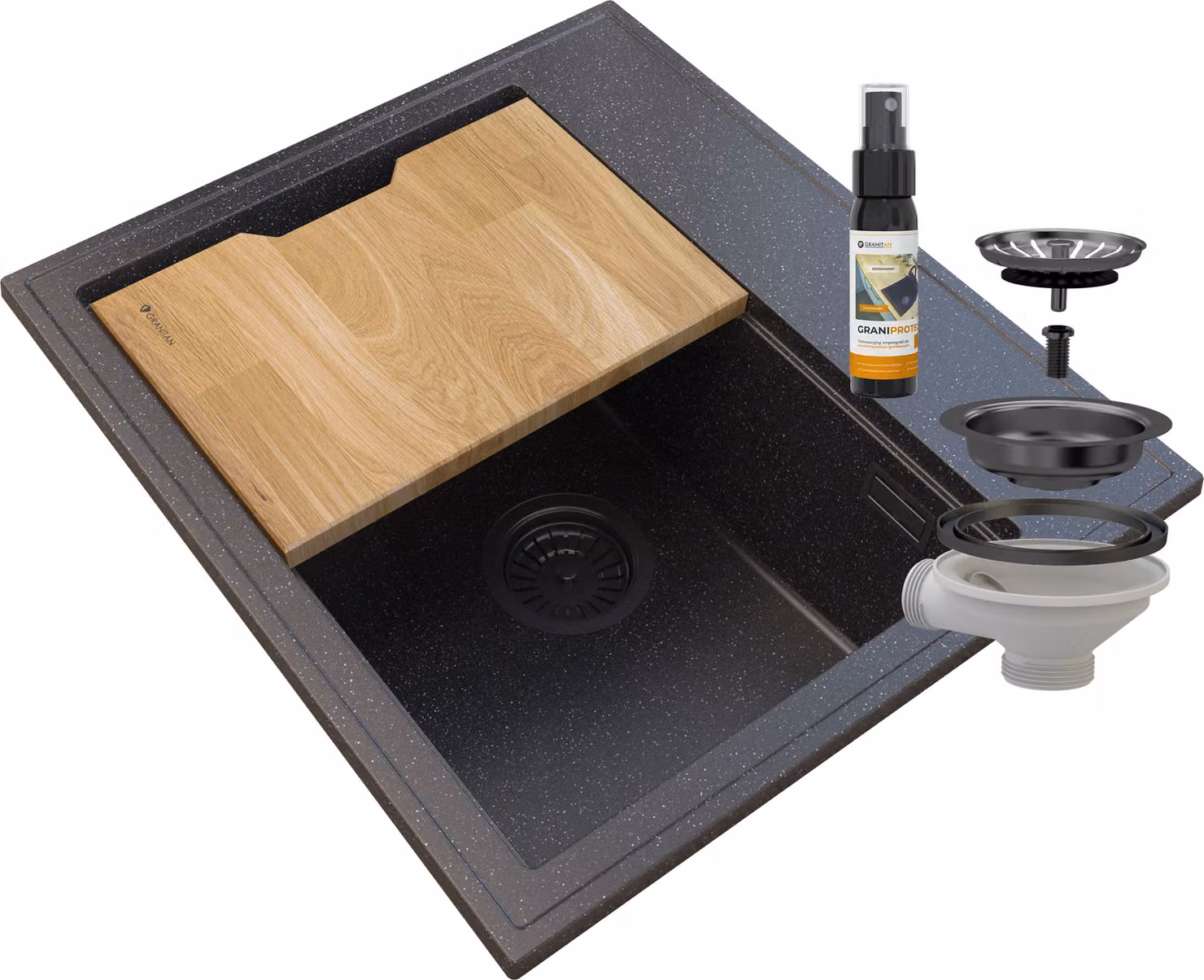Granitan - Lavello in granito - Lavello da cucina - 56x50 cm - Nero - con sifone e tagliere - Lavello - FOXAL