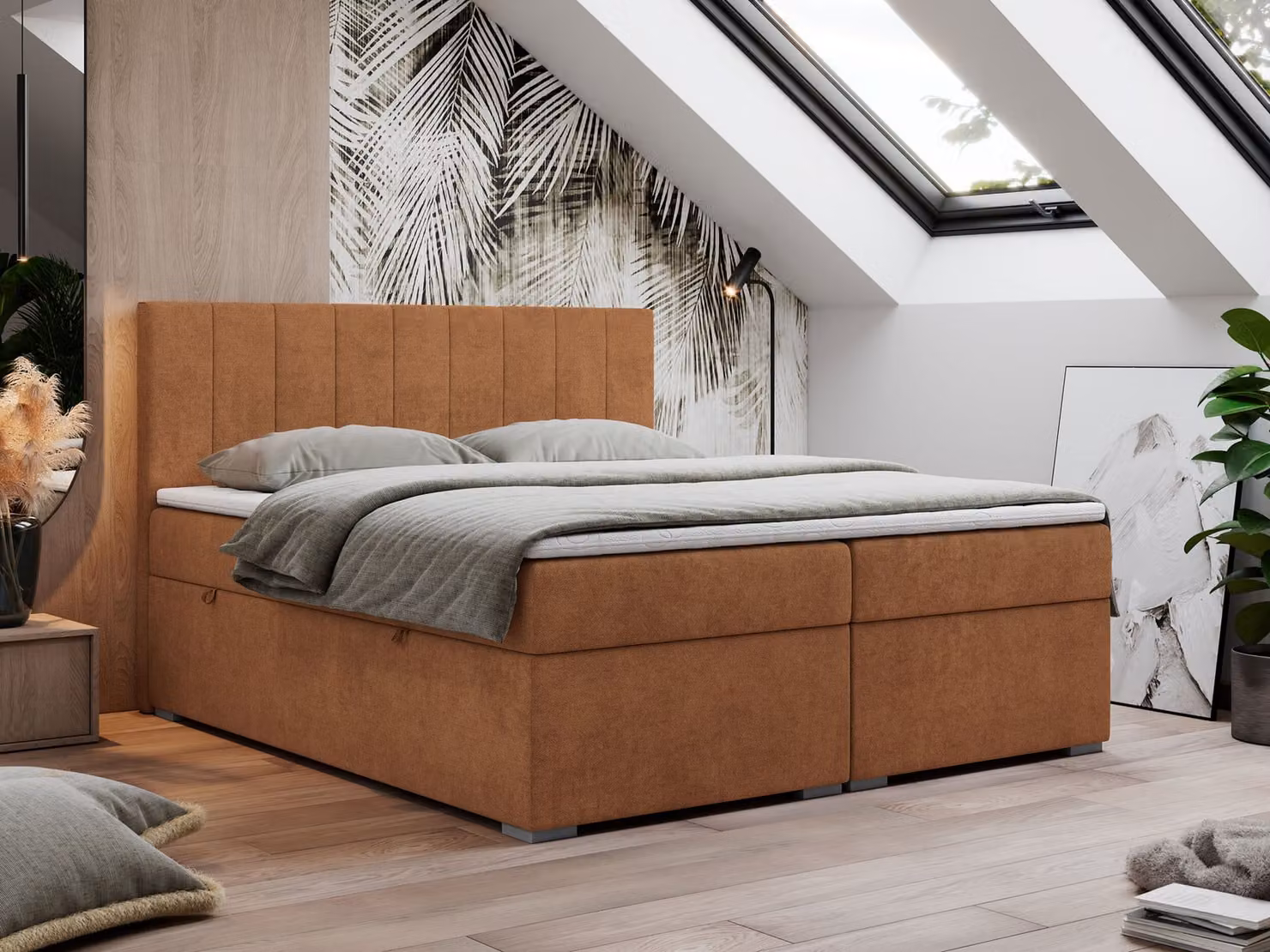 Letto boxspring 160x200, letto 160x200 con materasso e topper, letto boxspring con cassetti, letto matrimoniale - LOPE - 160x200 - Arancione - Struttura - H3