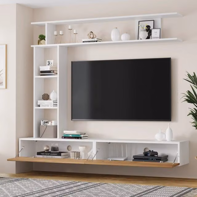 Mobile TV FOLYNA moderno con 2 ante a ribalta e ripiani aperti, sospeso o da appoggio, bianco e rovere, L: 180 cm, P: 35 cm, H: 22.5 cm