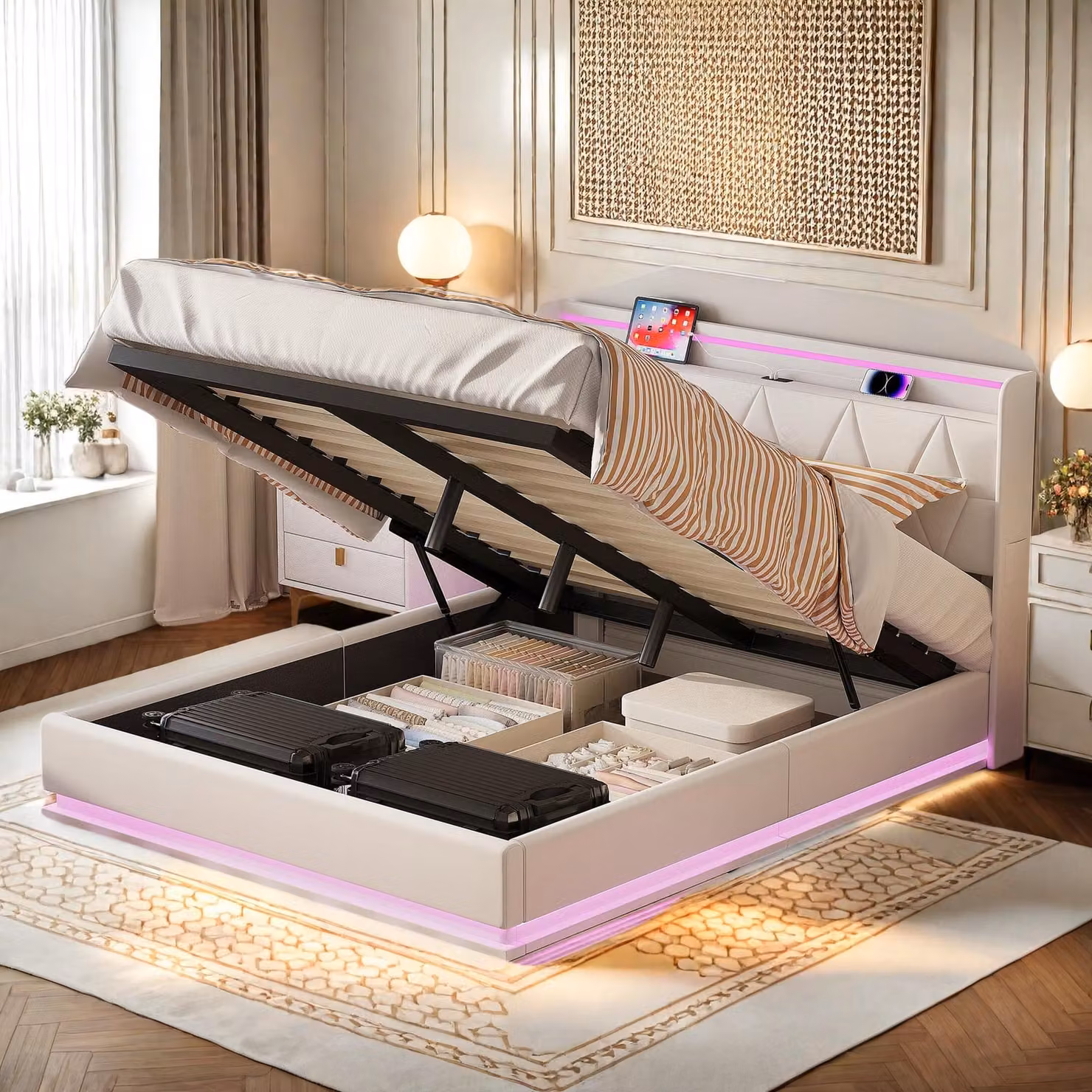 Letto imbottito ProximaX 160x200 cm con LED e USB | letto matrimoniale con testiera, contenitore e rete a doghe, bianco velluto