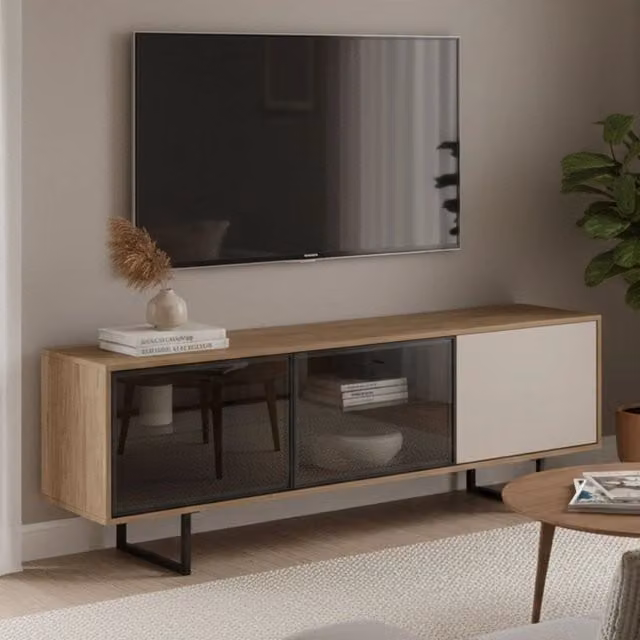 Mobile porta TV Serrata DMORA con cassetti in legno rovere marrone e beige L: 185 cm, P: 40 cm, H: 60 cm – 1