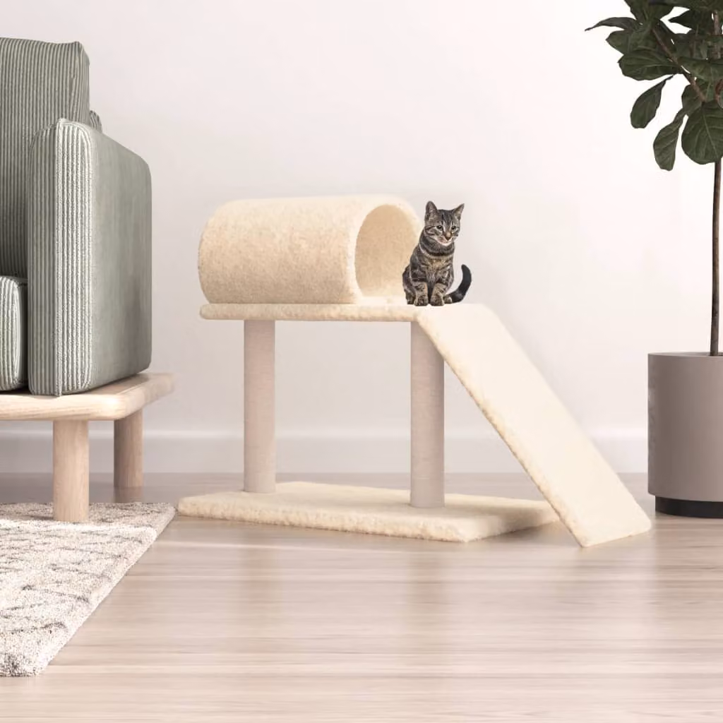 vidaXL Tiragraffi per Gatti con Tunnel, Scaletta e Giocattoli Integrati in Sisal e Legno, Beige, H: 55,5 cm