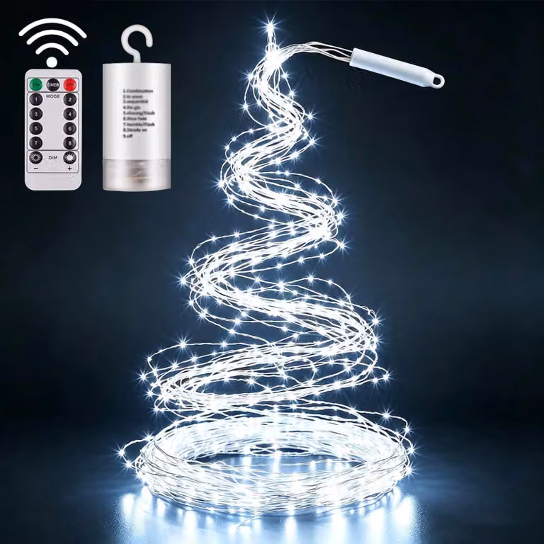 Catena luminosa da 1 metro, con 100 LED, alimentata a batteria, timer integrato, grado di protezione IP65, luce bianco caldo