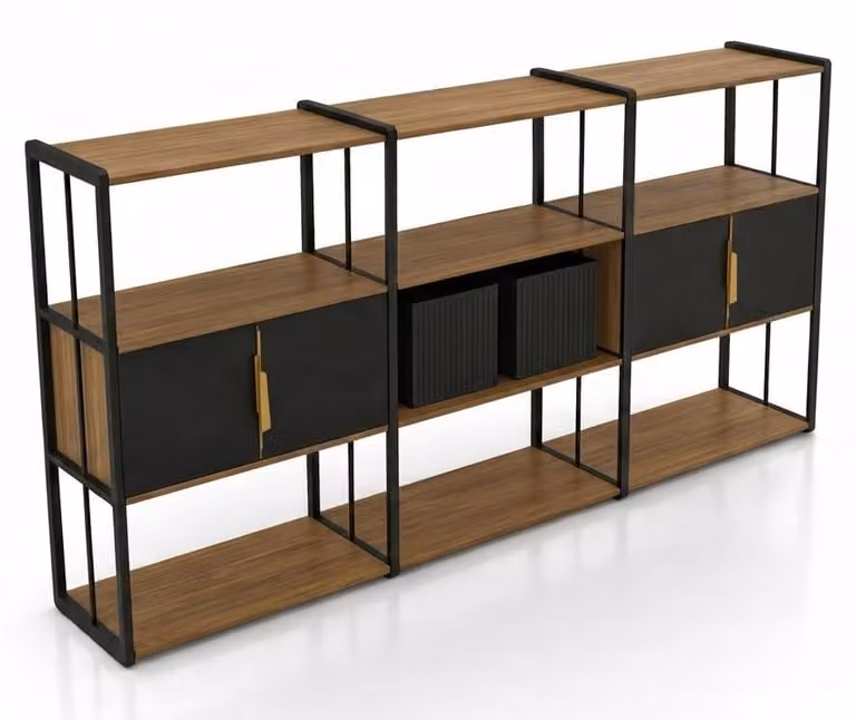 Mobile portaoggetti moderno, libreria, mobile contenitore in metallo e legno, stile industriale