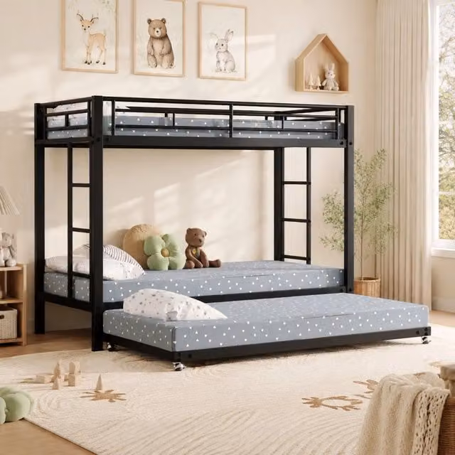 Letto a castello 90x200 cm in metallo nero con letto estraibile e sponde alte
