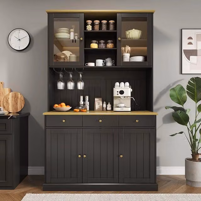 Credenza Xylo 120x40x191cm - Vetri, USB, Poign??es Nere/Dorate