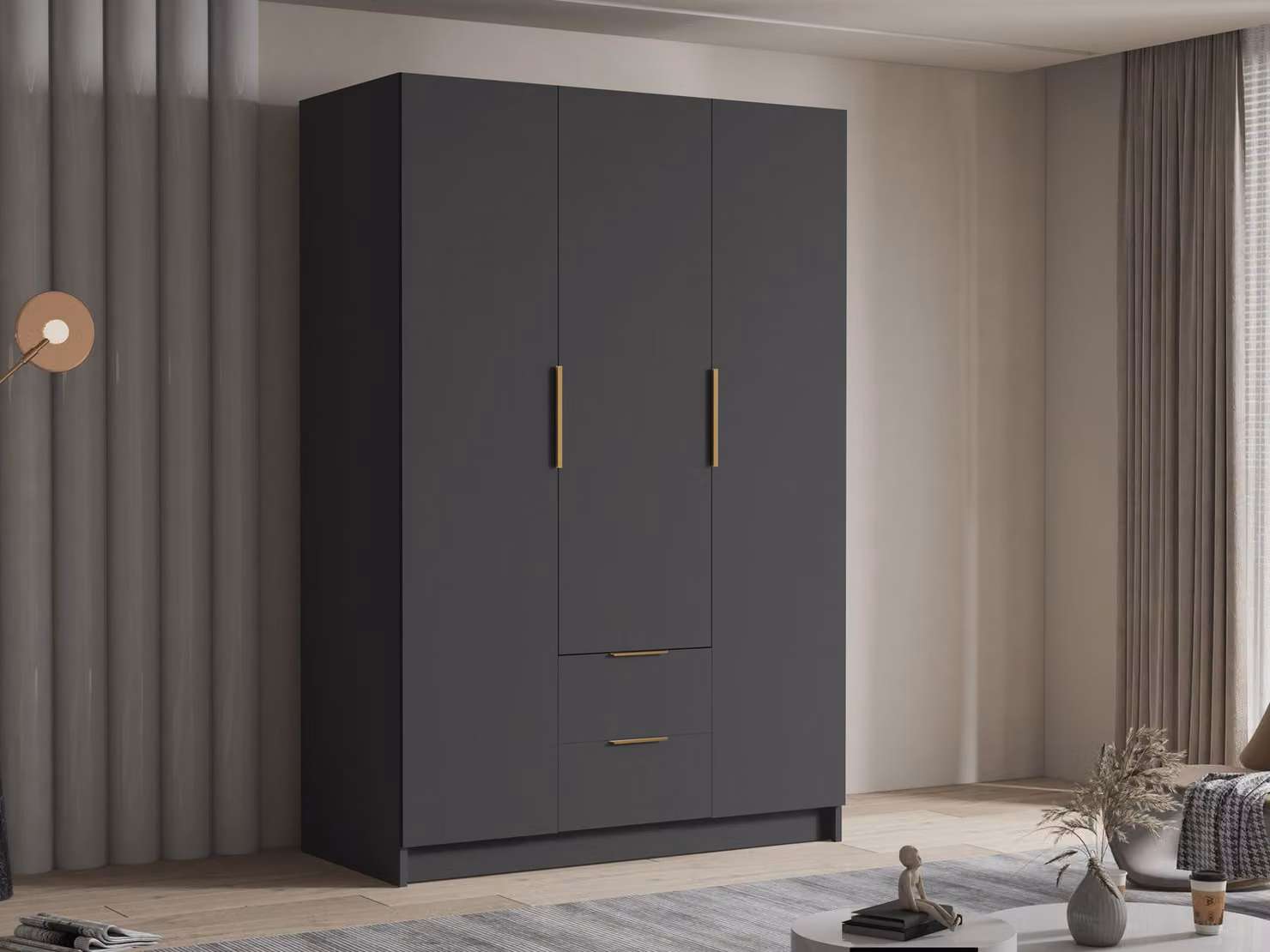 MIRJAN24 Armadio Calwi I 150, camera da letto, armadio ad ante battenti, con appendiabiti, moderno, guardaroba, maniglie in metallo (colore: nero + oro)