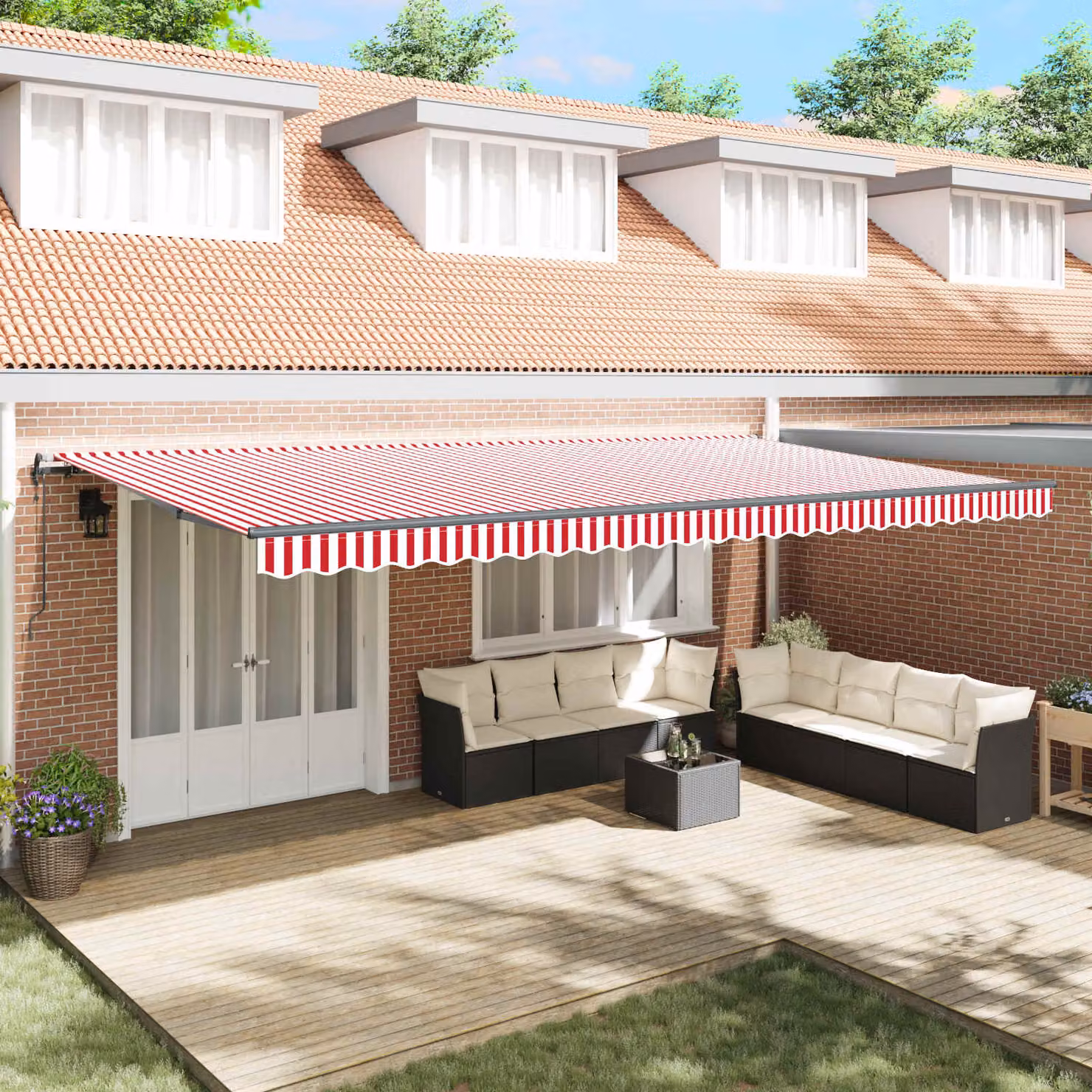 Tenda retrattile con bracci pieghevoli vidaXL in alluminio, Rosso e Bianco, L: 600 cm x P: 300 cm
