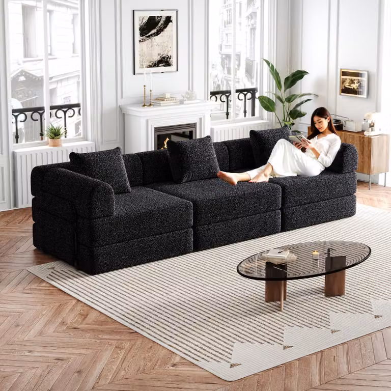 okwish set 3 pezzi 2 in 1 divano letto divano relax con braccioli e vano portaoggetti, divano letto pieghevole con tre strutture in metallo e base antiscivolo, nero