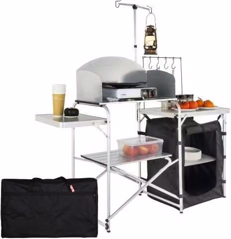 Cucina da campeggio pieghevole portatile VEVOR con parabrezza a 3 lati in alluminio, ferro e MDF, colore argento, L: 146 cm, P: 46 cm, H: 168 cm