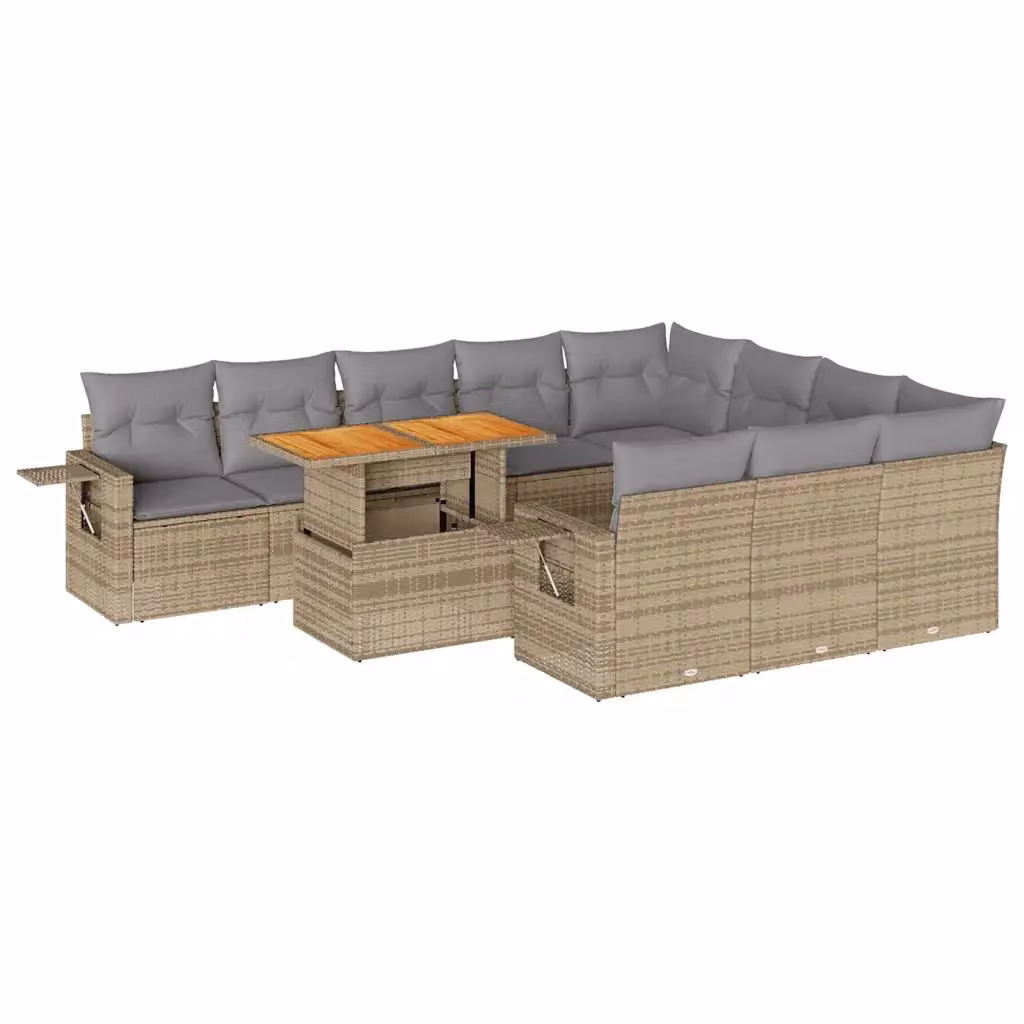 Set di divani da giardino vidaXL in polyrattan con cuscini beige e tavolo da caffè, composto da 11 pezzi con struttura in legno di acacia e metallo – 2