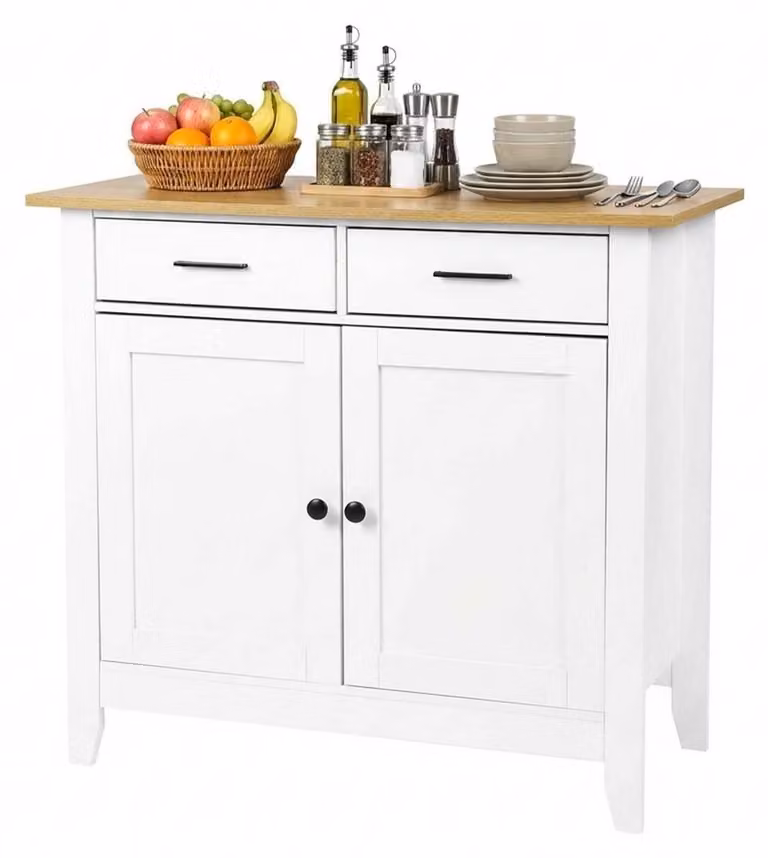 Mobiletto buffet bianco con aspetto legno, dimensioni 91x40x82 cm, dotato di 2 cassetti e ante