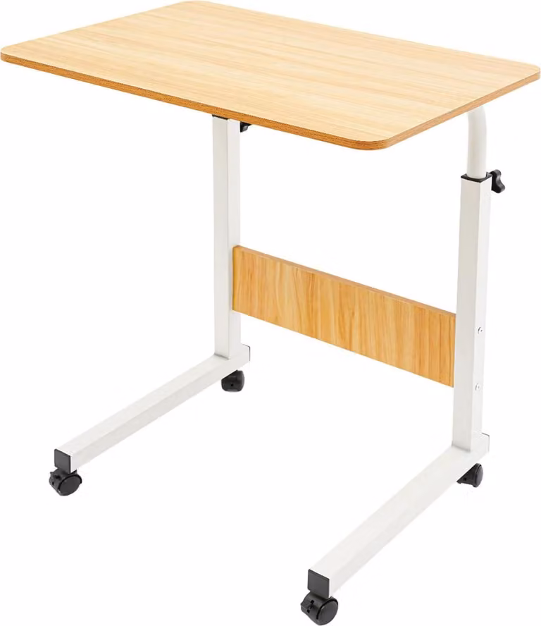 Tavolino mobile per laptop - Tavolino con rotelle - Regolabile in altezza da 70 a 90 cm - Piano del tavolo 60x40 cm - Quattro rotelle con freno - Superficie in melamina - Max. 15 kg - Bianco e legno