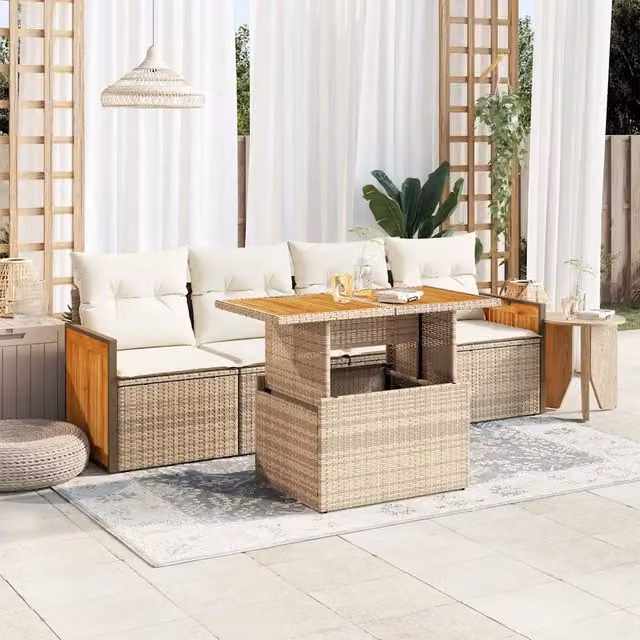 Set Divano da Giardino 5 Pezzi vidaXL in Polyrattan e Legno di Acacia con Cuscini Beige e Tavolino da Caffè
