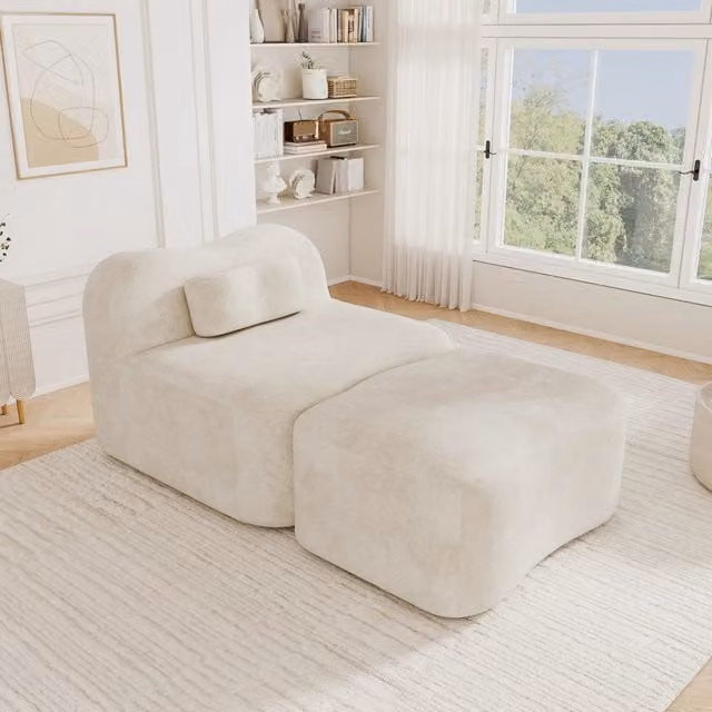 Divano modulare senza telaio con poggiapiedi ¨C Minimal ¨C Beige tessuto imbottito con cuscini