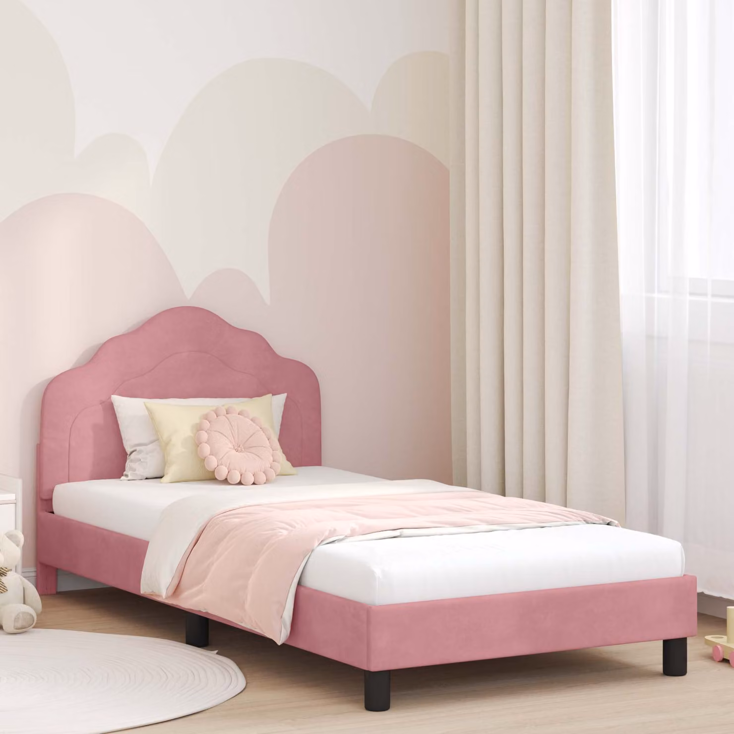 Struttura letto per bambini vidaXL in velluto rosa con testata, L/P/H: 90 x 200 x 85 cm
