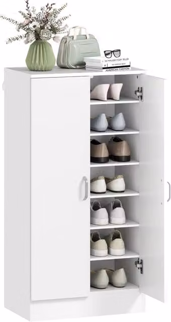 Scarpiera salvaspazio XYLO in legno bianco con 6 ripiani e ante soft-close L 55 cm x P 35 cm x H 108 cm