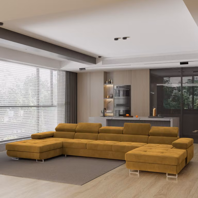 Divano angolare OMBRA di Masseno con funzione letto a U, divano con box letto, divano da soggiorno, divano, divano letto, set di divani - giallo, MONOLITH 48