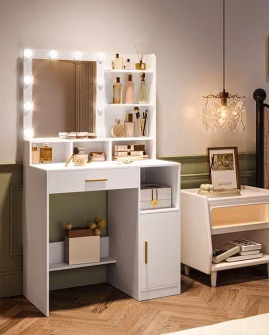 Comò con specchio e piano da trucco - 10 luci LED - 3 ripiani, 4 cassetti - Bianco