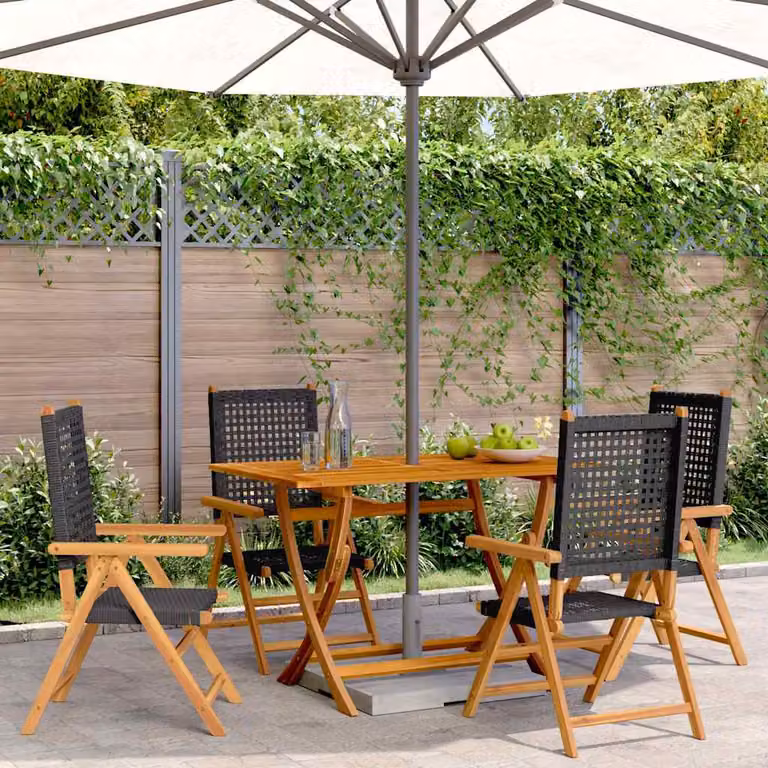 Set di 4 sedie da giardino reclinabili vidaXL in polyrattan nero e legno di acacia oliato con braccioli