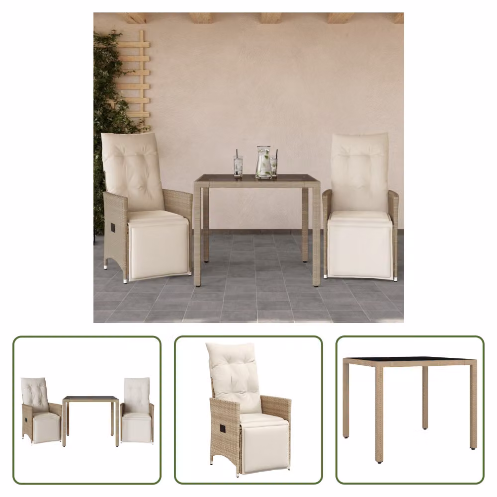 The Living Store Set da giardino bistrot 3 pezzi con cuscini Beige in poly rattan