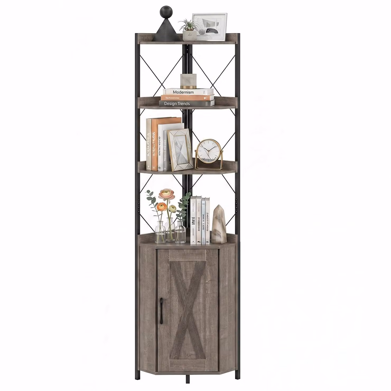 COSTWAY, libreria angolare a 6 ripiani, 180 cm, con armadietto, ante e struttura in metallo. Libreria autoportante, scaffale portaoggetti, colore grigio, dimensioni 38x38x180 cm
