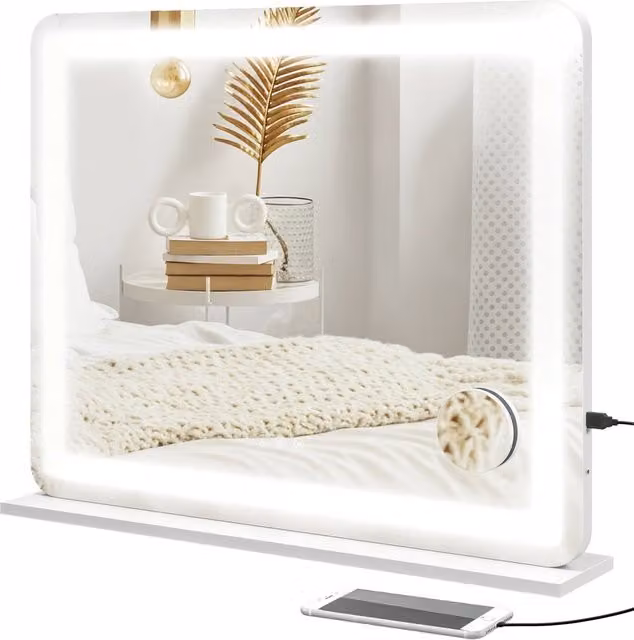 Specchio da tavolo Zephmum con LED e ingrandimento 10X, Bianco, L: 80 cm x H: 62 cm