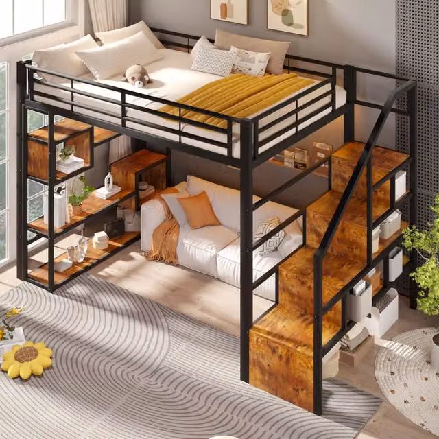 Letto a soppalco 140x200 in metallo e MDF; scala integrata; LED multicolore; nero