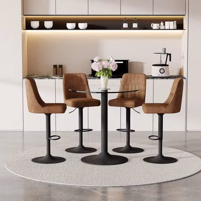 Set tavolo da bar rotondo MIVRAY in vetro trasparente con 4 sgabelli girevoli regolabili in tessuto marrone e struttura in metallo nero