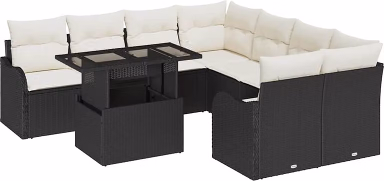 Set Divano da Giardino con cuscino 9 pcs Nero Poly Rattan