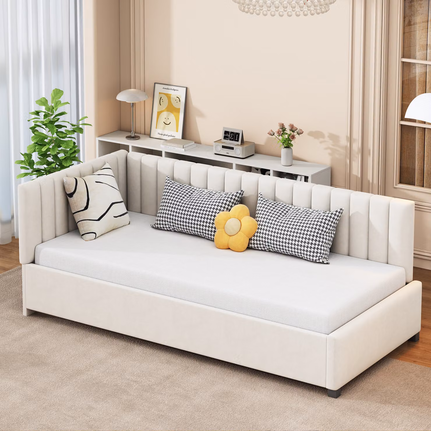 Merax daybed 90x200cm divano letto con rete a doghe, letto imbottito in velluto letto per bambini daybed divano letto con braccioli, beige