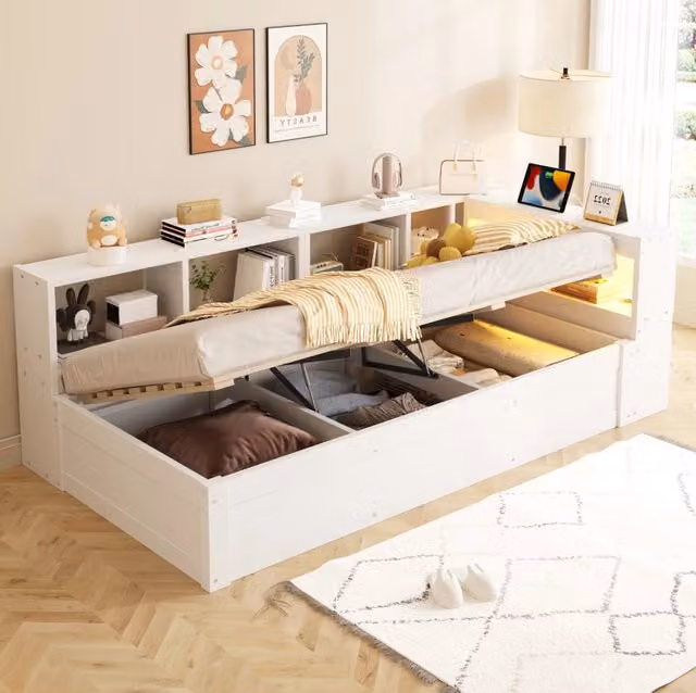 Letto multifunzione 90x200 cm con presa integrata; LED e contenitore; bianco