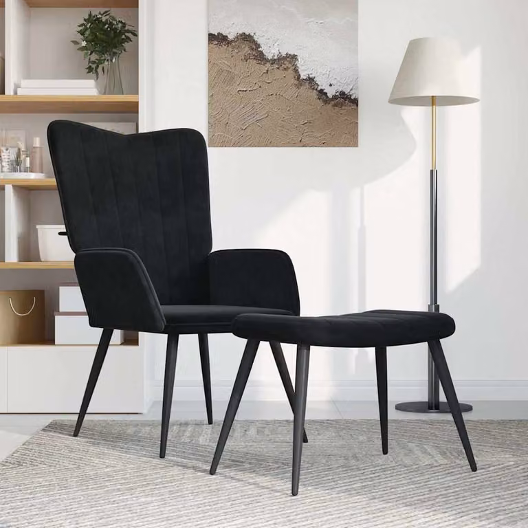 vidaXL Poltrona Relax con Sgabello in Velluto Nero e Struttura in Metallo