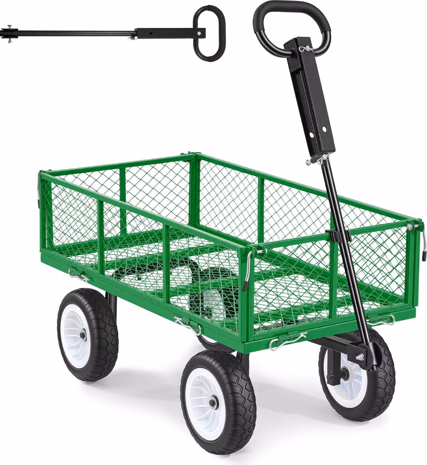 SucceBuy Carrello robusto con capacità di carico di 408,2 kg, carrello da giardino con ruote in PU, carrello di trasporto in acciaio con maniglia regolabile, pareti laterali rimovibili e possibilità di fissaggio su ATV o trattore, verde