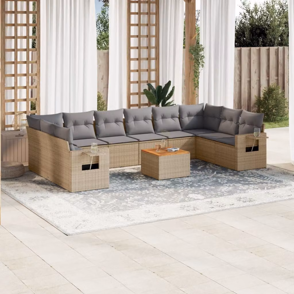 vidaXL Set Divani da Giardino 11 pz in Polyrattan con Cuscini Beige e Tavolino da Esterno