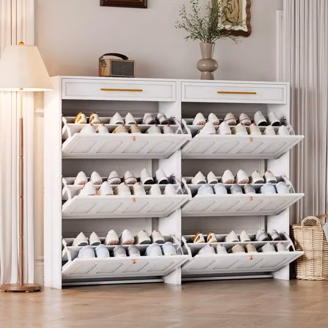Scarpiera con 12 ripiani aperti regolabili e 2 cassetti per ingresso in MDF bianco stile minimalista 140 × 25 × 123,5 cm